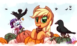 Size: 1825x1100 | Tagged: safe, artist:whitediamonds, derpibooru import, applejack, rarity, bird, crow, earth pony, pony, unicorn, g4, applejack's hat, cowboy hat, duo, duo female, eyeshadow, female, freckles, gritted teeth, halloween, hat, holiday, horn, image, lesbian, looking at you, makeup, mare, one eye closed, open mouth, open smile, pain star, png, pumpkin, rarijack, rarijack daily, shipping, signature, smiling, smiling at you, teeth, wide eyes