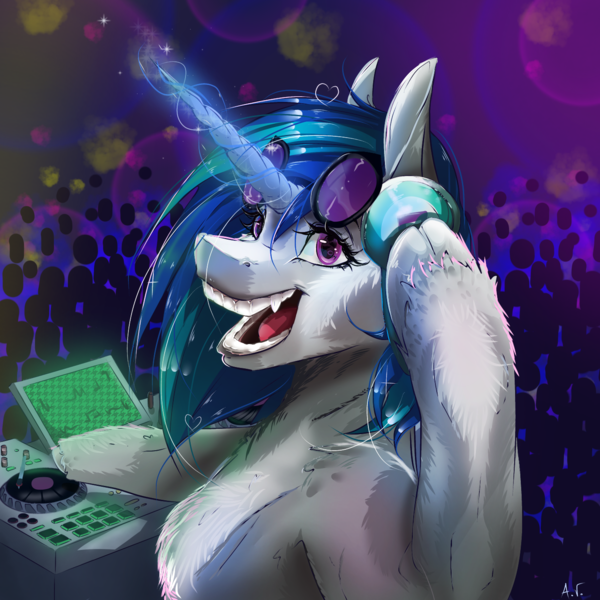 Size: 1378x1378 | Tagged: safe, artist:ixyotta, derpibooru import, vinyl scratch, pony, unicorn, g4, abstract background, bust, cloven hooves, fangs, female, floating heart, fluffy, glasses, glow, glowing horn, headphones, heart, horn, image, looking at you, magic, mare, open mouth, open smile, png, record, screen, signature, smiling, smiling at you, solo, sparkles, teeth, turntable, unshorn fetlocks, vinyl's glasses, wrong eye color