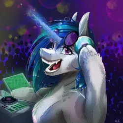 Size: 1378x1378 | Tagged: safe, artist:ixyotta, derpibooru import, vinyl scratch, pony, unicorn, g4, abstract background, bust, cloven hooves, fangs, female, floating heart, fluffy, glasses, glow, glowing horn, headphones, heart, horn, image, looking at you, magic, mare, open mouth, open smile, png, record, screen, signature, smiling, smiling at you, solo, sparkles, teeth, turntable, unshorn fetlocks, vinyl's glasses, wrong eye color