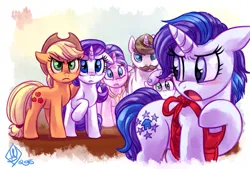 Size: 1475x1000 | Tagged: safe, artist:whitediamonds, derpibooru import, applejack, cookie crumbles, hondo flanks, rarity, sweetie belle, oc, oc:glory dwells, earth pony, pony, unicorn, fanfic:how far away you roam, g4, applejack's hat, belle sisters, blushing, cowboy hat, fanfic art, father and child, father and daughter, female, filly, floppy ears, foal, freckles, hat, horn, image, lesbian, looking at someone, looking back, male, mare, mother and child, mother and daughter, open mouth, png, raised hoof, rarijack, rarijack daily, rarity's parents, ship:cookieflanks, shipping, siblings, signature, sisters, stallion, straight, tail, unicorn oc