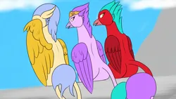 Size: 1920x1080 | Tagged: safe, artist:silverfan, derpibooru import, oc, unofficial characters only, gryphon, behaving like a bird, butt, female, grooming, image, line-up, looking back, plot, plotline, png, preening, sitting, trio, wings