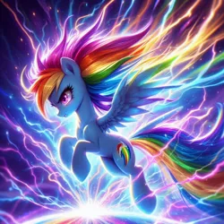 Size: 1024x1024 | Tagged: safe, ai content, derpibooru import, machine learning generated, prompter:doomguy397, rainbow dash, pegasus, pony, g4, abstract background, badass, colorful, energy, female, flying, generator:dall-e 3, image, jpeg, lightning, mare, rainbow, solo, spread wings, wings