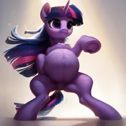 Size: 1024x1024 | Tagged: safe, ai content, derpibooru import, machine learning assisted, machine learning generated, twilight sparkle, pony, unicorn, g4, belly, big belly, bipedal, female, floor, horn, image, jpeg, mare, solo, standing, standing on floor