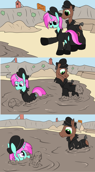 Size: 2000x3592 | Tagged: safe, artist:amateur-draw, derpibooru import, oc, oc:belle boue, oc:oak wood, unofficial characters only, earth pony, unicorn, 3 panel comic, boots, clothes, comic, covered in mud, gay, gloves, horn, image, jacket, leather, leather boots, leather gloves, leather hat, leather jacket, leather vest, male, mud, mud bath, muddy, png, quarry, shoes, sign, sinking, vest