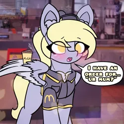 Size: 1500x1500 | Tagged: safe, artist:sodapop sprays, derpibooru import, part of a set, derpy hooves, pegasus, pony, series:derpy can't catch a break, blushing, clothes, ear fluff, fast food, food, hat, image, mcdonald's, meme, part of a series, png, real life background, solo, text, uniform, uniform hat, your mom