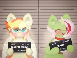 Size: 4096x3072 | Tagged: safe, artist:sodapop sprays, derpibooru import, oc, oc:sodapop sprays, oc:vonda, oc:vondsketch, unofficial characters only, pegasus, pony, semi-anthro, unicorn, barbie mugshot meme, blushing, chest fluff, clothes, crying, duo, ear fluff, eye clipping through hair, guilty, horn, image, jail, looking at you, manehattan, meme, mugshot, one eye closed, png, solo, this will not end well, wink, winking at you