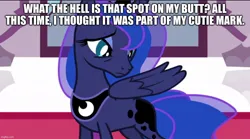 Size: 1080x601 | Tagged: safe, derpibooru import, edit, edited screencap, screencap, princess luna, alicorn, pony, caption, confused, cutie mark, female, image, image macro, jpeg, mare, solo, text