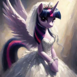 Size: 2048x2048 | Tagged: safe, ai content, derpibooru import, machine learning generated, prompter:krivovyaz, twilight sparkle, twilight sparkle (alicorn), alicorn, pony, semi-anthro, g4, clothes, dress, female, generator:bing image creator, generator:dall-e 3, image, looking at you, mare, png, simple background, smiling, smiling at you, solo, spread wings, veil, wedding dress, wedding veil, wings