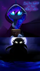 Size: 1600x2851 | Tagged: safe, artist:magnaluna, derpibooru import, princess luna, alicorn, pony, g4, 2 panel comic, book, braid, braided ponytail, cheek fluff, cloak, clothes, comic, ethereal mane, female, full moon, hood, horn, image, mare, moon, night, night sky, open mouth, outdoors, png, ponytail, sky, speech bubble, stars