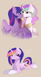 Size: 2600x4835 | Tagged: safe, artist:magnaluna, derpibooru import, princess celestia, twilight sparkle, twilight sparkle (alicorn), oc, alicorn, pony, unicorn, g4, boop, chest fluff, colored wings, colored wingtips, ear fluff, eye contact, eyeshadow, female, folded wings, high res, horn, horns are touching, image, jpeg, lesbian, looking at each other, looking at someone, looking at you, lying down, magical lesbian spawn, makeup, mare, nose wrinkle, noseboop, offspring, parent:princess celestia, parent:twilight sparkle, parents:twilestia, peytral, prone, ship:twilestia, shipping, sploot, spread wings, tail, trio, trio female, unicorn oc, wings