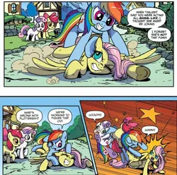 Size: 1966x1952 | Tagged: safe, artist:pencils, derpibooru import, idw, apple bloom, fluttershy, rainbow dash, sweetie belle, earth pony, pegasus, pony, unicorn, g4, spoiler:comic, spoiler:comic73, abuse, comic, dashabuse, eyes closed, faic, fight, gritted teeth, horn, image, jpeg, kicking, official comic, one eye closed, ponyville, sidekick, tackle, teeth, tongue out