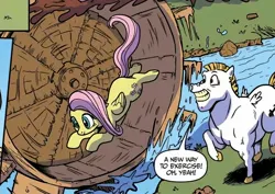 Size: 2018x1430 | Tagged: safe, artist:pencils, derpibooru import, idw, bulk biceps, fluttershy, pegasus, pony, g4, spoiler:comic, spoiler:comic73, behaving like a hamster, cute, image, jpeg, official comic, river, shyabetes, water, water wheel, watermill