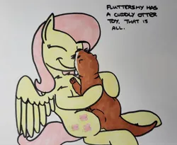 Size: 2048x1678 | Tagged: safe, artist:hoofclid, derpibooru import, fluttershy, otter, pegasus, pony, g4, cute, eyes closed, female, hug, image, jpeg, mare, marker drawing, plushie, shyabetes, smiling, solo, traditional art