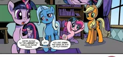 Size: 2034x948 | Tagged: safe, artist:pencils, derpibooru import, idw, applejack, pinkie pie, trixie, twilight sparkle, alicorn, earth pony, pony, unicorn, g4, spoiler:comic, spoiler:comic73, horn, image, jpeg, official comic, trixie is not amused, unamused