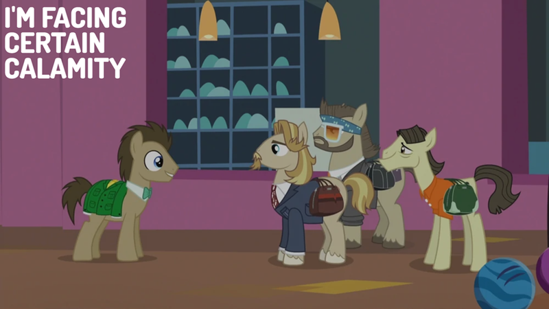 Size: 2000x1125 | Tagged: safe, derpibooru import, edit, edited screencap, screencap, colter sobchak, doctor whooves, jeff letrotski, theodore donald "donny" kerabatsos, time turner, g4, slice of life (episode), image, png, the big lebowski