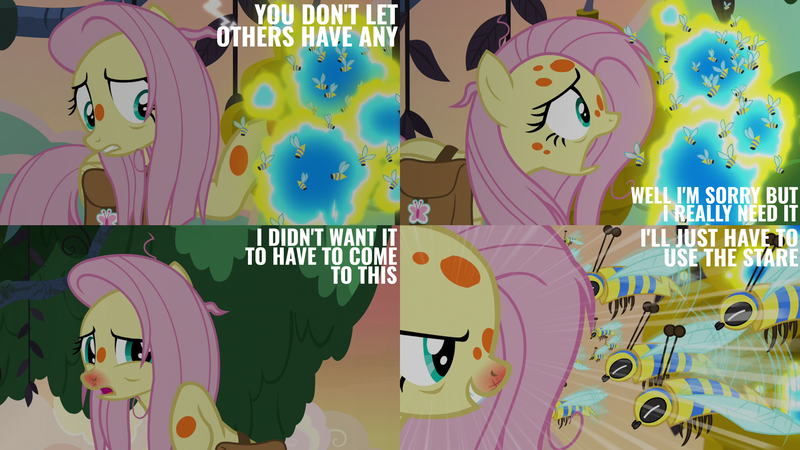 Size: 2000x1125 | Tagged: safe, derpibooru import, edit, edited screencap, editor:quoterific, screencap, fluttershy, bee, flash bee, insect, a health of information, g4, bag, image, png, saddle bag, solo, swamp fever, tree