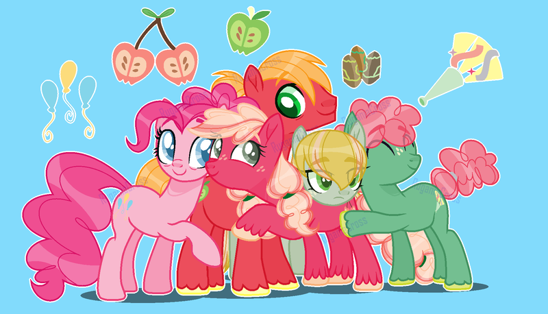 Size: 1797x1028 | Tagged: safe, artist:ruganiacross, derpibooru import, big macintosh, pinkie pie, oc, oc:cherry apple, oc:party shout, oc:rocky pie, earth pony, pony, g4, blue background, colt, eye clipping through hair, eyebrows, eyebrows visible through hair, family, female, filly, foal, freckles, group hug, hug, image, male, mare, offspring, parent:big macintosh, parent:pinkie pie, parents:pinkiemac, pinkiemac, png, shipping, simple background, stallion, straight, unshorn fetlocks