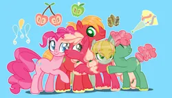 Size: 1797x1028 | Tagged: safe, artist:ruganiacross, derpibooru import, big macintosh, pinkie pie, oc, oc:cherry apple, oc:party shout, oc:rocky pie, earth pony, pony, g4, blue background, colt, eye clipping through hair, eyebrows, eyebrows visible through hair, family, female, filly, foal, freckles, group hug, hug, image, male, mare, offspring, parent:big macintosh, parent:pinkie pie, parents:pinkiemac, pinkiemac, png, shipping, simple background, stallion, straight, unshorn fetlocks