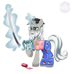 Size: 3586x3652 | Tagged: safe, artist:confetticakez, derpibooru import, kotobukiya, star swirl the bearded, ponified, pony, unicorn, g4, atg 2021, badge, can, drink, fedora, glasses, glow, glowing horn, hat, hatsune miku, high res, horn, image, katana, kotobukiya hatsune miku pony, levitation, magic, magic aura, male, mountain dew, mountain dew code red, neckbeard, newbie artist training grounds, pajama pants, plushie, png, poké ball, pokémon, pony plushie, raised hoof, simple background, solo, spill, spilled drink, stallion, sword, telekinesis, unshorn fetlocks, vocaloid, weapon, white background