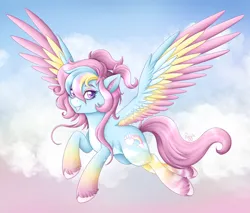 Size: 2400x2048 | Tagged: safe, artist:puggie, derpibooru import, oc, oc:soft skies, unofficial characters only, pegasus, pony, artfight, cloud, flying, fusion, fusion:fluttershy, fusion:rainbow dash, image, png, solo