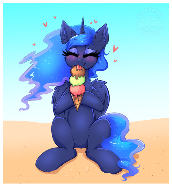 Size: 1763x1913 | Tagged: safe, artist:confetticakez, derpibooru import, princess luna, alicorn, pony, g4, atg 2021, beach, belly, blushing, cute, ear fluff, ethereal mane, ethereal tail, eyes closed, eyeshadow, female, folded wings, food, front view, heart, hoof hold, horn, ice cream, ice cream cone, image, licking, lunabetes, makeup, mare, newbie artist training grounds, outdoors, png, sitting, solo, tail, tongue out, wings