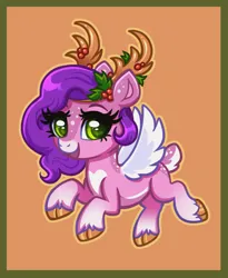 Size: 2453x2994 | Tagged: safe, artist:confetticakez, derpibooru import, pipp petals, deer, deer pony, hybrid, original species, peryton, pony, reindeer, g5, adorapipp, antlers, cloven hooves, cute, female, high res, image, looking at you, mare, open mouth, open smile, png, reindeerified, smiling, smiling at you, solo, species swap, spread wings, unshorn fetlocks, wings