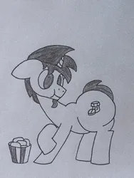 Size: 3456x4608 | Tagged: suggestive, artist:mint pill, derpibooru import, oc, oc:mint pill, unofficial characters only, pony, unicorn, butt, chicken meat, chicken nugget, fat, food, horn, image, male, meat, monochrome, photo, png, solo, stallion, traditional art