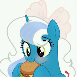 Size: 6890x6890 | Tagged: safe, artist:riofluttershy, derpibooru import, oc, oc:fleurbelle, unofficial characters only, alicorn, pony, alicorn oc, blushing, bow, burger, eating, female, food, hair bow, horn, image, jpeg, mare, simple background, solo, white background, wings, yellow eyes