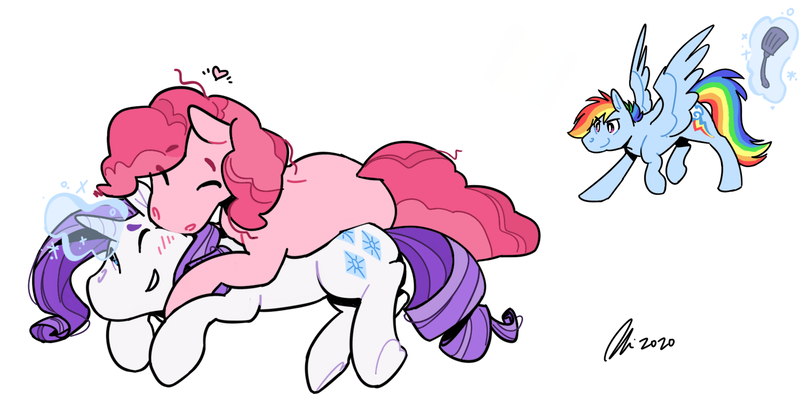 Size: 1499x770 | Tagged: safe, artist:rwl, derpibooru import, pinkie pie, rainbow dash, rarity, earth pony, pegasus, pony, unicorn, cuddling, eyes closed, female, horn, image, imminent spanking, lesbian, levitation, magic, mare, pinkiedash, png, raridashpie, ship:raridash, ship:raripie, shipping, simple background, sneaking, spatula, telekinesis, trio, trio female, white background