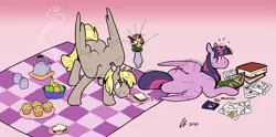 Size: 1997x987 | Tagged: safe, artist:rwl, derpibooru import, derpy hooves, twilight sparkle, twilight sparkle (alicorn), alicorn, pegasus, pony, banana, book, duo, duo female, eraser, female, flower, food, gradient background, image, kettle, lesbian, mare, muffin, pencil, picnic blanket, plate, png, pushing, sandwich, ship:twerpy, shipping, teapot