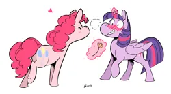 Size: 2000x1100 | Tagged: safe, artist:rwl, derpibooru import, pinkie pie, twilight sparkle, twilight sparkle (alicorn), alicorn, earth pony, pony, blush lines, blushing, blushing profusely, duo, duo female, embarrassed, female, floating heart, flower, glow, glowing horn, grin, heart, horn, image, lesbian, levitation, magic, mare, nervous, nervous grin, png, raised hoof, shipping, simple background, smiling, snorting, telekinesis, twinkie, white background