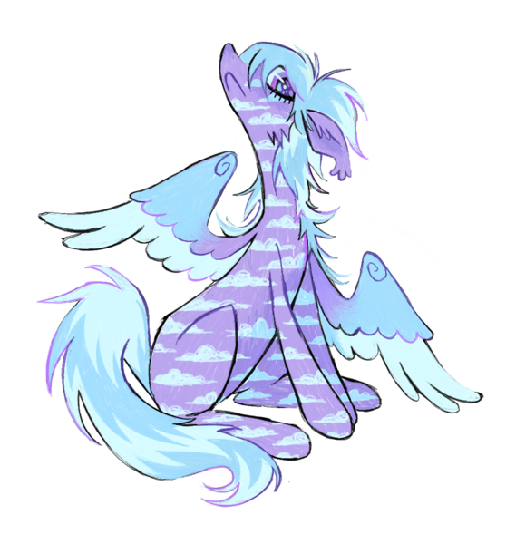 Size: 949x1021 | Tagged: safe, artist:webkinzworldz, derpibooru import, cloud kicker, pegasus, pony, g4, alternate color palette, alternate design, alternate hairstyle, alternate mane color, alternate tail color, alternate tailstyle, blue mane, blue tail, blue wingtips, cloud coat pattern, coat markings, colored nose, colored pinnae, colored pupils, colored wings, colored wingtips, ear fluff, ear tufts, female, floppy ears, frown, gradient wings, head up, image, long ears, long mane, long tail, looking down, mare, missing cutie mark, multicolored wings, partially open wings, png, profile, purple coat, purple eyes, purple pupils, raised head, simple background, sitting, slender, solo, spiky mane, spiky tail, striped tail, tail, thin, thin legs, three toned wings, transparent background, twitterina design, two toned mane, two toned tail, wingding eyes, wings