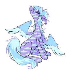 Size: 949x1021 | Tagged: safe, artist:webkinzworldz, derpibooru import, cloud kicker, pegasus, pony, g4, alternate color palette, alternate design, alternate hairstyle, alternate mane color, alternate tail color, alternate tailstyle, blue mane, blue tail, blue wingtips, cloud coat pattern, coat markings, colored nose, colored pinnae, colored pupils, colored wings, colored wingtips, ear fluff, ear tufts, female, floppy ears, frown, gradient wings, head up, image, long ears, long mane, long tail, looking down, mare, missing cutie mark, multicolored wings, partially open wings, png, profile, purple coat, purple eyes, purple pupils, raised head, simple background, sitting, slender, solo, spiky mane, spiky tail, striped tail, tail, thin, thin legs, three toned wings, transparent background, twitterina design, two toned mane, two toned tail, wingding eyes, wings