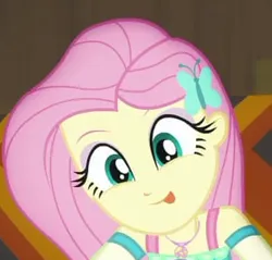 Size: 354x339 | Tagged: safe, derpibooru import, screencap, fluttershy, human, equestria girls, g4, game stream, spoiler:eqg series (season 2), cropped, cute, female, geode of fauna, image, magical geodes, my little pony equestria girls: better together, png, shyabetes, tongue out