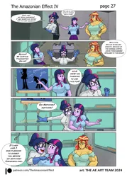 Size: 2726x3802 | Tagged: safe, artist:atariboy2600, artist:bluecarnationstudios, derpibooru import, sci-twi, sunset shimmer, twilight sparkle, human, comic:the amazonian effect, comic:the amazonian effect iv, equestria girls, g4, breasts, buff breasts, busty sci-twi, busty sunset shimmer, busty twilight sparkle, clothes, comic, duality, female, high res, image, muscles, muscular female, nervous sweat, open mouth, png, sci-twi's house, sunset lifter, tempting fate, twolight