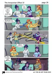 Size: 2726x3802 | Tagged: safe, artist:atariboy2600, artist:bluecarnationstudios, derpibooru import, sci-twi, sunset shimmer, twilight sparkle, android, human, robot, comic:the amazonian effect, comic:the amazonian effect iv, equestria girls, g4, breasts, buff breasts, busty sci-twi, busty sunset shimmer, busty twilight sparkle, clothes, comic, duality, eye beams, female, image, muscles, muscular female, nervous sweat, open mouth, png, sci-twi's house, sunset lifter, tempting fate, twolight