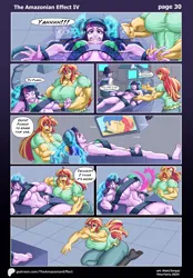 Size: 2726x3918 | Tagged: suggestive, artist:atariboy2600, artist:bluecarnationstudios, derpibooru import, sci-twi, sunset shimmer, twilight sparkle, human, comic:the amazonian effect, comic:the amazonian effect iv, equestria girls, g4, bra, breasts, buff breasts, busty sci-twi, busty sunset shimmer, busty twilight sparkle, clothes, comic, duality, female, green panties, image, muscles, muscular female, nervous sweat, open mouth, png, sci-twi's house, sunset lifter, tempting fate, this will not end well, twolight, underwear