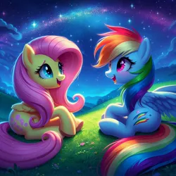 Size: 1024x1024 | Tagged: safe, ai content, derpibooru import, machine learning generated, prompter:nightofcore, fluttershy, rainbow dash, pegasus, pony, g4, cute, dashabetes, duo, duo female, female, folded wings, generator:bing image creator, generator:dall-e 3, grass, happy, hill, image, jpeg, mare, night, open mouth, outdoors, shyabetes, sitting, spread wings, stars, wings, wrong cutie mark