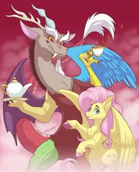 Size: 3000x3719 | Tagged: safe, artist:fizzy-dog, derpibooru import, discord, fluttershy, draconequus, pegasus, pony, bipedal, colored hooves, cup, duo, female, food, high res, holding, hooves, image, jpeg, male, mare, pose, tea, teapot