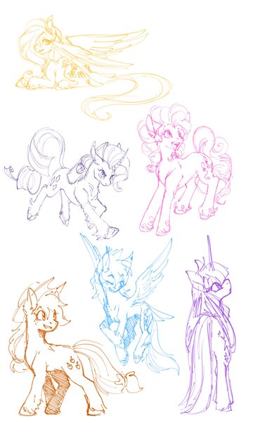 Size: 2458x4096 | Tagged: safe, artist:fizzy-dog, derpibooru import, applejack, fluttershy, pinkie pie, rainbow dash, rarity, twilight sparkle, twilight sparkle (alicorn), alicorn, earth pony, pegasus, pony, unicorn, butt, curved horn, female, horn, image, jpeg, large wings, mane six, mare, plot, sketch, wings