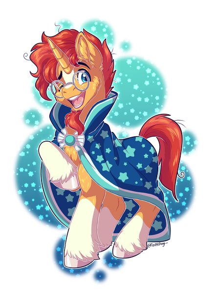 Size: 2439x3359 | Tagged: safe, artist:fizzy-dog, derpibooru import, sunburst, pony, unicorn, high res, horn, image, jpeg, male, one eye closed, open mouth, open smile, raised hoof, smiling, solo, spread wings, stallion, wings, wink