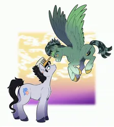 Size: 2976x3319 | Tagged: safe, artist:fizzy-dog, derpibooru import, ponified, earth pony, pegasus, pony, flying, high res, image, jojo's bizarre adventure, jotaro kujo, jpeg, looking at each other, looking at someone, male, non-mlp shipping, rohan kishibe