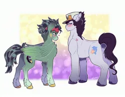 Size: 3000x2337 | Tagged: safe, artist:fizzy-dog, derpibooru import, ponified, earth pony, pegasus, pony, blushing, high res, image, jojo's bizarre adventure, jotaro kujo, jpeg, looking sideways, male, non-mlp shipping, rohan kishibe