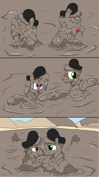 Size: 2000x3592 | Tagged: safe, artist:amateur-draw, derpibooru import, oc, oc:belle boue, oc:oak wood, unofficial characters only, earth pony, pony, unicorn, 3 panel comic, boots, clothes, comic, couple, covered in mud, gay, hat, heart, horn, image, jacket, kissing, leather, leather boots, leather hat, leather jacket, leather vest, looking at each other, looking at someone, making out, male, mud, mud bath, mud pony, muddy, png, romance, romantic, shipping, shoes, stallion, vest, wet and messy