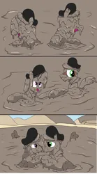 Size: 2000x3592 | Tagged: safe, artist:amateur-draw, derpibooru import, oc, oc:belle boue, oc:oak wood, unofficial characters only, earth pony, pony, unicorn, 3 panel comic, boots, clothes, comic, couple, covered in mud, gay, hat, heart, horn, image, jacket, kissing, leather, leather boots, leather hat, leather jacket, leather vest, looking at each other, looking at someone, making out, male, mud, mud bath, mud pony, muddy, png, romance, romantic, shipping, shoes, stallion, vest, wet and messy