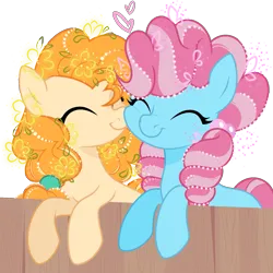 Size: 1741x1741 | Tagged: safe, artist:yunixuedingcha, derpibooru import, cup cake, pear butter, earth pony, pony, g4, chiffon swirl, duo, duo female, eyes closed, female, fence, heart, image, mare, nuzzling, png, show accurate, simple background, smiling, transparent background, younger