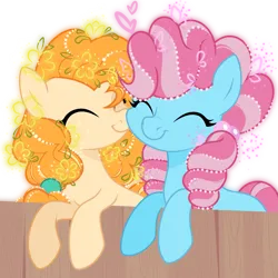 Size: 1741x1741 | Tagged: safe, alternate version, artist:yunixuedingcha, derpibooru import, cup cake, pear butter, earth pony, pony, g4, chiffon swirl, color outline, duo, duo female, eyes closed, female, fence, heart, image, mare, nuzzling, png, show accurate, simple background, smiling, transparent background, younger