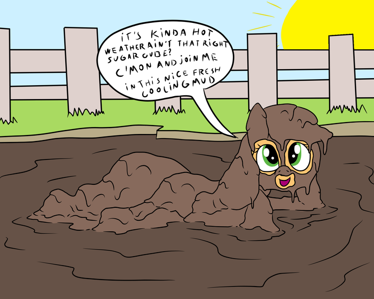 Size: 2000x1600 | Tagged: safe, artist:amateur-draw, derpibooru import, applejack, earth pony, pony, g4, female, fence, image, looking at you, lying down, mare, mud, mud bath, mud pony, muddy, pig pen, png, solo, speech bubble, summer, text, wet and messy