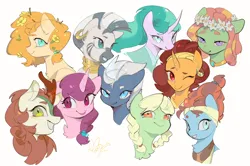 Size: 2958x1961 | Tagged: safe, artist:maotujingsong, derpibooru import, autumn blaze, granny smith, meadowbrook, mistmane, night glider, pear butter, saffron masala, sugar belle, tree hugger, zecora, earth pony, kirin, pegasus, pony, unicorn, zebra, :p, female, grin, horn, image, mare, one eye closed, png, simple background, smiling, tongue out, white background, wink, young granny smith, younger