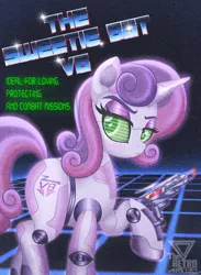 Size: 2200x3000 | Tagged: safe, artist:theretroart88, derpibooru import, sweetie belle, pony, robot, robot pony, unicorn, g4, female, horn, image, laser pistol, png, solo, sweetie bot, text, weapon